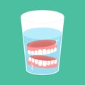 False teeth in glass. False jaw in glass beaker