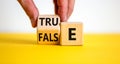 False or true symbol. Businessman flips a wooden cube and changes the word `false` to `true` or vice versa. Beautiful yellow t Royalty Free Stock Photo