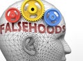 Falsehoods and human mind - pictured as word Falsehoods inside a head to symbolize relation between Falsehoods and the human Royalty Free Stock Photo
