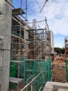 Falsework work at the construction site. It consists of temporary structures used in construction to support a permanent structure