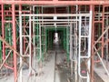 Falsework work at the construction site. It consists of temporary structures used in construction to support a permanent structure