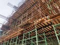 Falsework work at the construction site. It consists of temporary structures used in construction to support a permanent structure