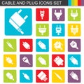 Falt design cable and plug icons set