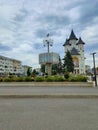 Falticeni, Romania - September 26, 2022: Main Square with Orthodox Church and World Clock