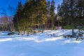 Falun - March 31, 2018: Forest lodges at Framby Udde near the town of Falun in Dalarna, Sweden