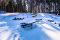 Falun - March 30, 2018: Frozen benches at Framby Udde near the town of Falun in Dalarna, Sweden