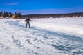 Falun - March 30, 2018: A newbie ice skater at the resort of Framby Udde near the town of Falun in Dalarna, Sweden