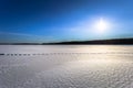 Falun - March 31, 2018: Panorama of the frozen lake of Framby Udde near the town of Falun in Dalarna, Sweden Royalty Free Stock Photo