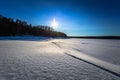 Falun - March 31, 2018: Panorama of the frozen lake of Framby Udde near the town of Falun in Dalarna, Sweden Royalty Free Stock Photo