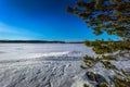 Falun - March 31, 2018: Panorama of the frozen lake of Framby Udde near the town of Falun in Dalarna, Sweden Royalty Free Stock Photo