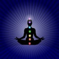 Famale body in yoga asana with seven chakras in shining neon colors in rays dark blue stars space background. Vector illustration