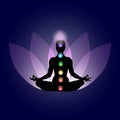 Famale body in yoga assana with seven chakras in shining neon colors on gently purple lotus petals and dark blue space with stars