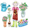 Famale gardener and garden set