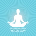 Famale or person body in yoga lotus asana in rays on blue starry space background. White silhouette of a man in a lotus