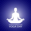 Famale or person body in yoga lotus asana in rays on bright blue starry space background. White silhouette of a woman in