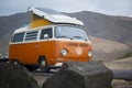 View on classic orange Volkswagen T2 campervan