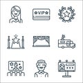 Fame line icons. linear set. quality vector line set such as billboard, man, movie, broadcasting, theater, carpet, wreath, vip