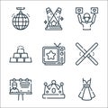 fame line icons. linear set. quality vector line set such as dress, crown, billboard, light stick, quiz, gold ingots, fans,