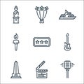 fame line icons. linear set. quality vector line set such as microphone, clapperboard, monument, guitar, ticket, torch, yacht,