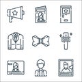 Fame line icons. linear set. quality vector line set such as photo, actor, video, interview, bow tie, suit, backstage, magazine