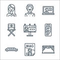 fame line icons. linear set. quality vector line set such as theater, magazine, limousine, like, billboard, director chair, video