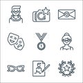 Fame line icons. linear set. quality vector line set such as wreath, autograph, sunglasses, woman, medal, theatre, letter, photo