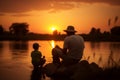 Familial Grandfather grandson fishing sunset. Generate Ai Royalty Free Stock Photo