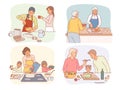 Families and couples cooking food together. Happy smiling people preparing tasty homemade meals in kitchen, children and