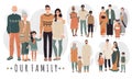 Families from different countries, cartoon characters vector illustration. Happy family together, parents and children