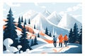 Families enjoying winter countryside. Hiking, tourist, mountain landscape flat vector illustration.