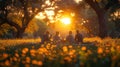 Families and friends enjoying a sunlit meadow picnic with games and laught