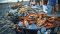 Families gather on the sand for a seafood extravaganza indulging in juicy crab legs perfectly seasoned clams and juicy