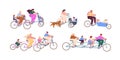 Families, kids, children cycling together. People riding tandem bicycle, cargo bike, multiple-seats and multi-pedal Royalty Free Stock Photo