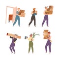 Families moving to new house. People and movers carrying cardboard boxes with household stuff vector illustration