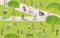 Families and other people have leisure time in the city park illustration Royalty Free Stock Photo