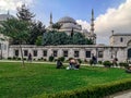 Families relax on a green lawn in the courtyard of the Suleymaniye Mosque in Istanbul. People