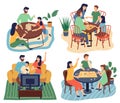 Families spend time together, play board games, assemble a puzzle, solve puzzles. Flat vector image Royalty Free Stock Photo