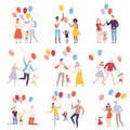 Families Walking with Colorful Balloons Collection, Happy Mothers, Fathers and their Kids Celebrating Holidays Vector