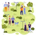 Families walking in summer park - cartoon people with children and couple