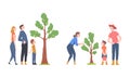 Familiy caring of trees in city park or garden cartoon vector illustration
