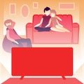 Familiy or roommates watching the news at home. Room interior, glowing screen. Self isolation concept. Vector