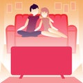 Familiy or roommates watching the news at home. Room interior, glowing screen. Self isolation concept. Vector