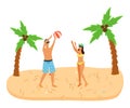 Family active holidays happy couple cheerful man and woman during playing ball on the beach