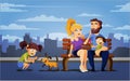 Family active holidays parents kids and dog in summer park on blue sky background.Family sitting on a bench. Cartoon vector Royalty Free Stock Photo