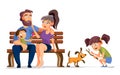 Family active holidays parents kids and dog in summer park.Family sitting on a bench. Cartoon vector illustration Royalty Free Stock Photo