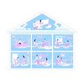 Family activities in apartments flat silhouette vector illustration Royalty Free Stock Photo