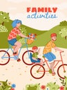 Family activities poster with family riding bike cartoon vector illustration Royalty Free Stock Photo