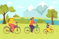 Family activity with bicycle, vector illustration. Man woman kid character ride bike, sport lifestyle at mountain nature Royalty Free Stock Photo
