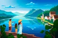 Family admires nature, beautiful mountain landscape with lake. Vector illustration