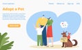 Family adopt pet dog, landing page concept, vector illustration. Animal adoption to flat man woman child character